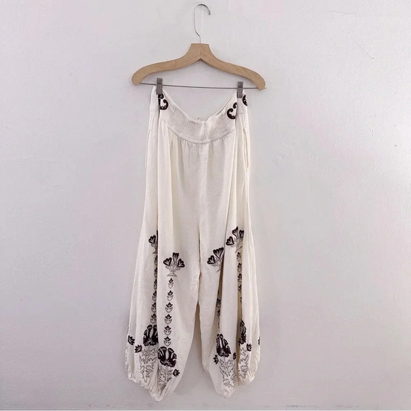 Free People Kai Embroidered Pants Balloon Palm Tree High Waisted Ivory Brown - Picture 5 of 8
